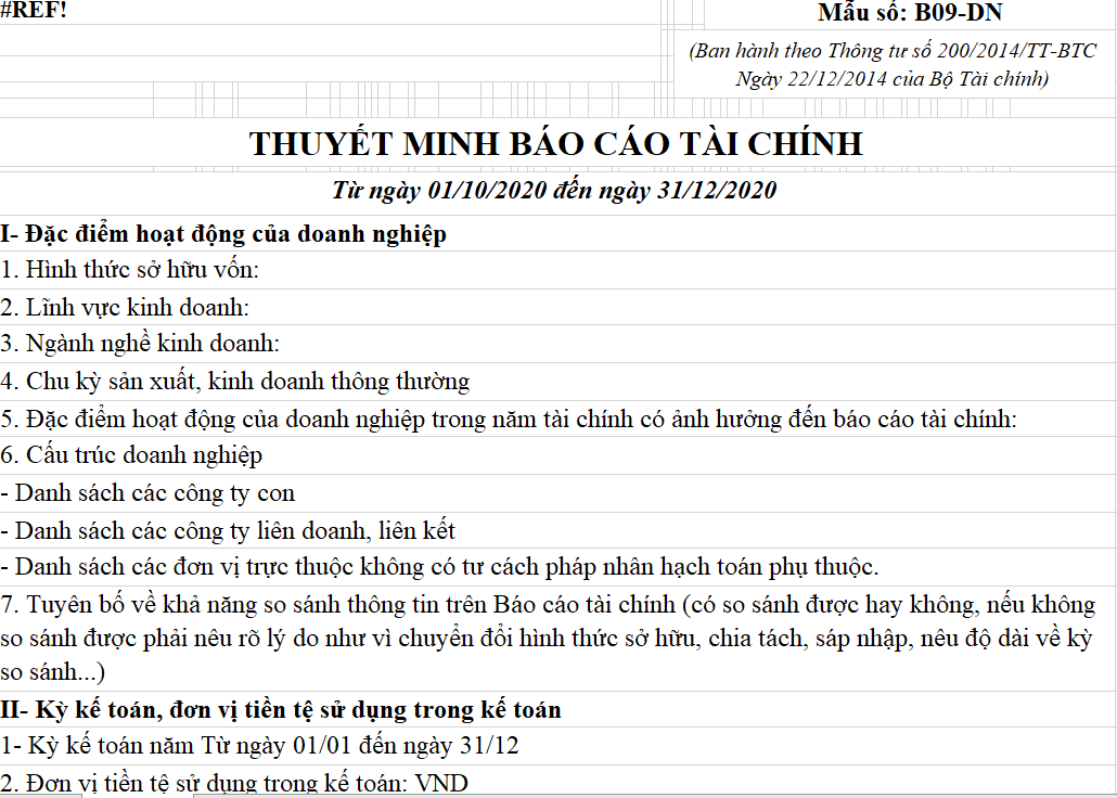 Mẫu thuyết minh báo cáo tài chính theo TT 200